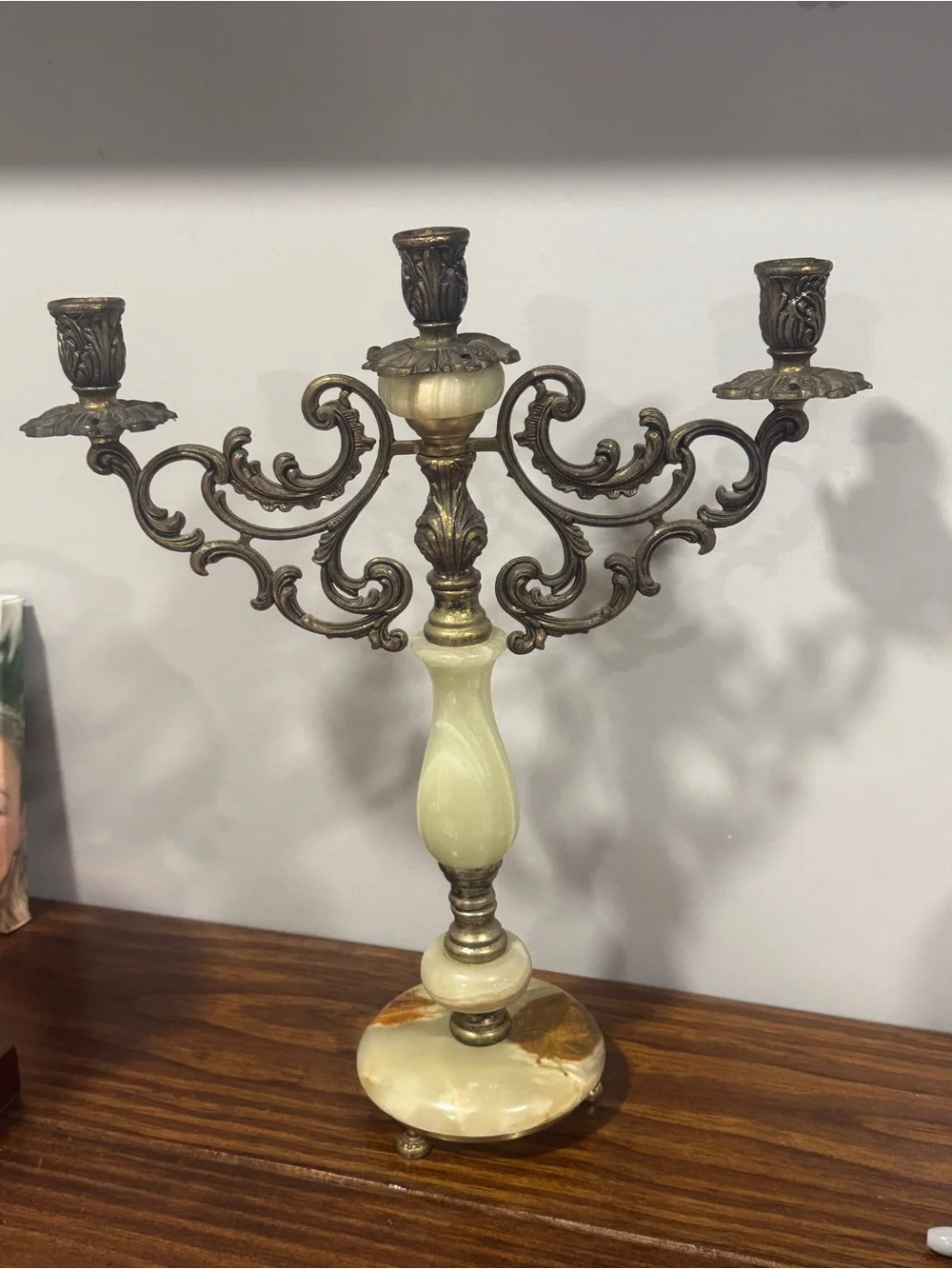Antique Brass and Cream Marble 3-Arm Candelabra